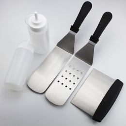 Stainless Steel Barbecue Tool Set Ergonomic Handle - 2 Perforated Flat Spatula, Turner, Scraper, 2 Squirt Bottles - Grilling, Camping, Outdoor Cooking