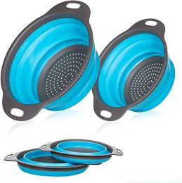 Collapsible Colander Silicone Bowl Strainer Set of 2, Portable Folding Filter Basket Bowls Container Rubber Strainer, Use for Draining Fruits, Vegetab (Color: Blue)