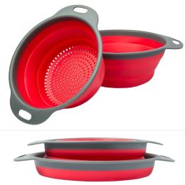 Collapsible Colander Silicone Bowl Strainer Set of 2, Portable Folding Filter Basket Bowls Container Rubber Strainer, Use for Draining Fruits, Vegetab (Color: Red)