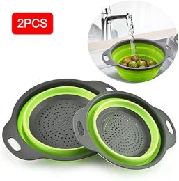 Collapsible Colander Silicone Bowl Strainer Set of 2, Portable Folding Filter Basket Bowls Container Rubber Strainer, Use for Draining Fruits, Vegetab (Color: green)